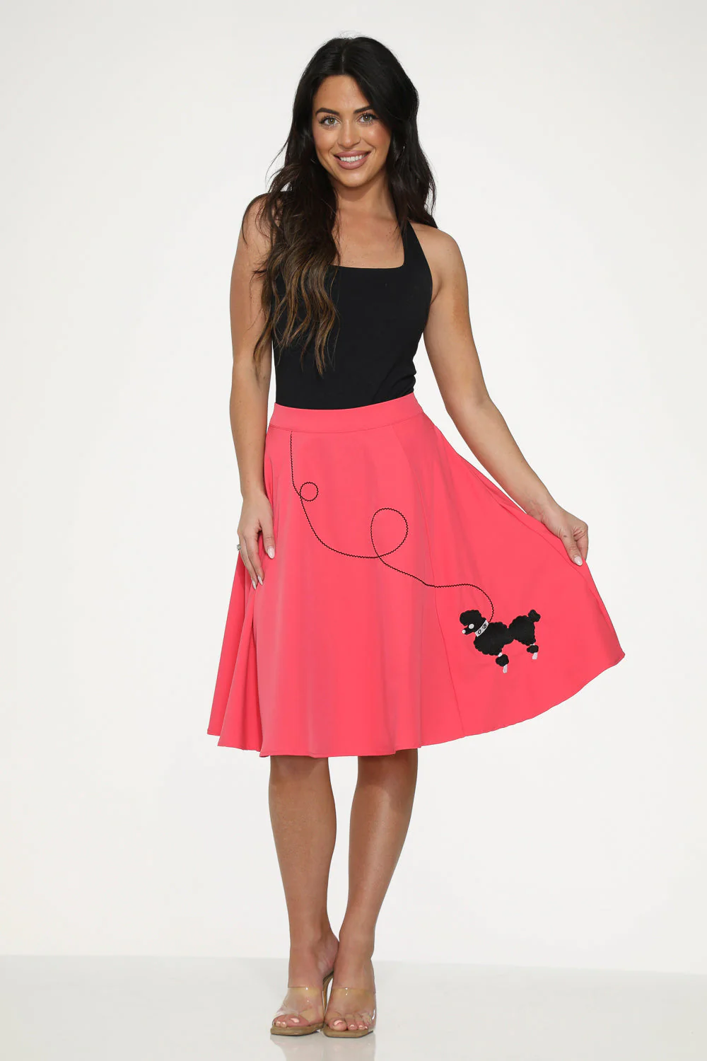 Hot Pink Black Embroidered Poodle Swing Skirt - Olabens