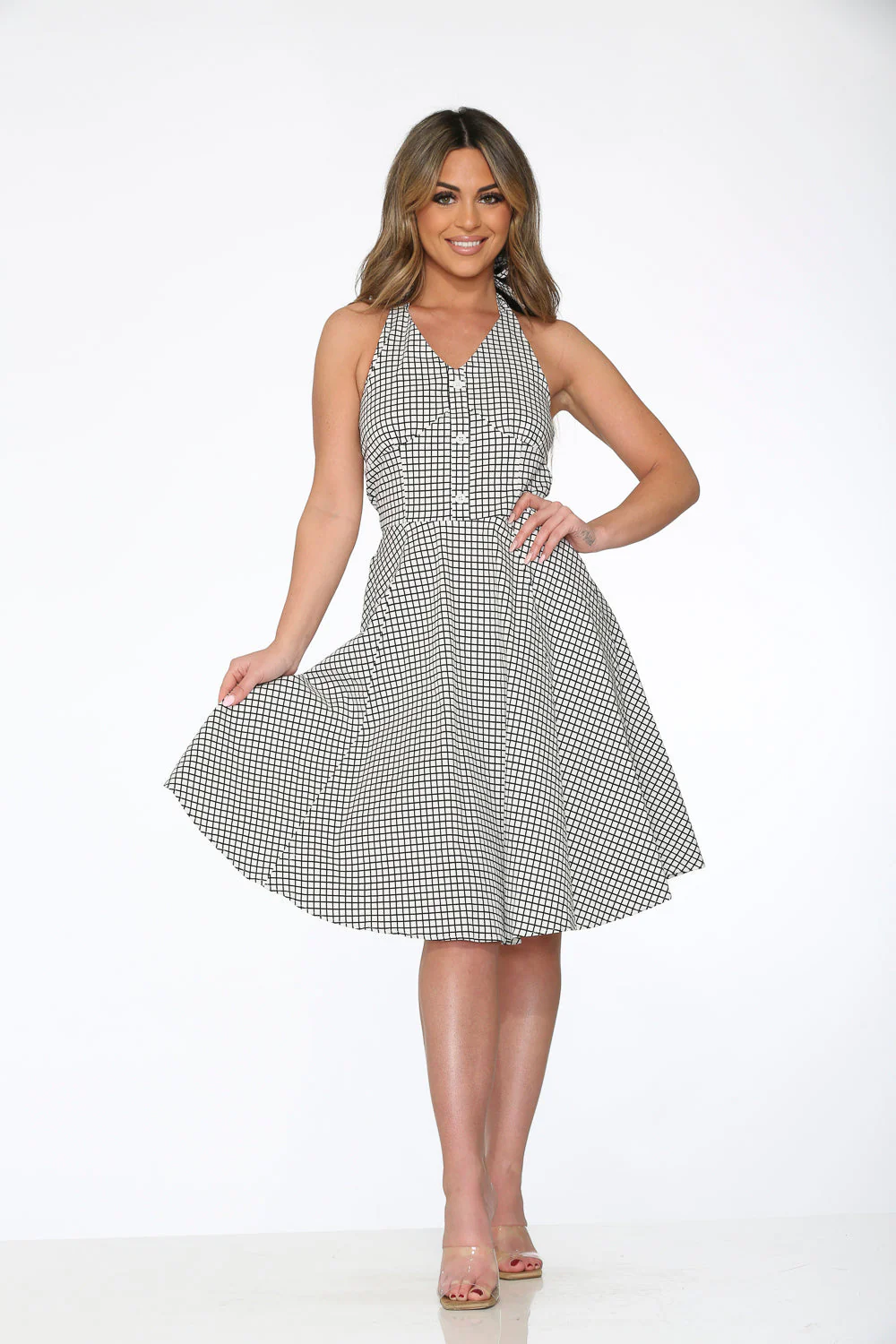 White & Black Checkmate Halter Swing Dress - Olabens