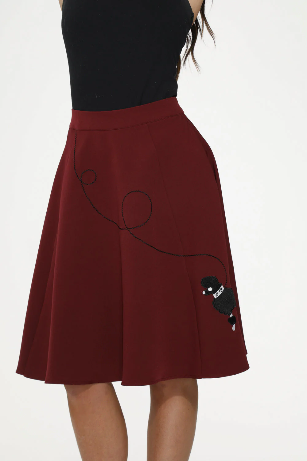 Burgundy Black Embroidered Poodle Swing Skirt - Olabens