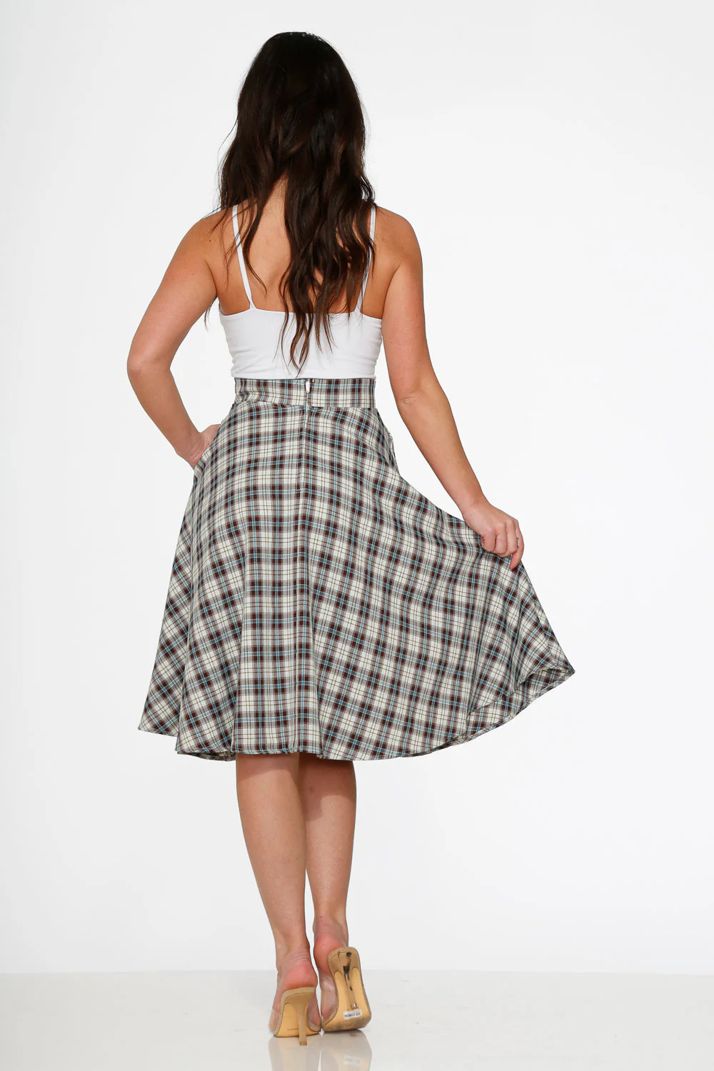 White & Brown Plaid Swing Skirt - Olabens