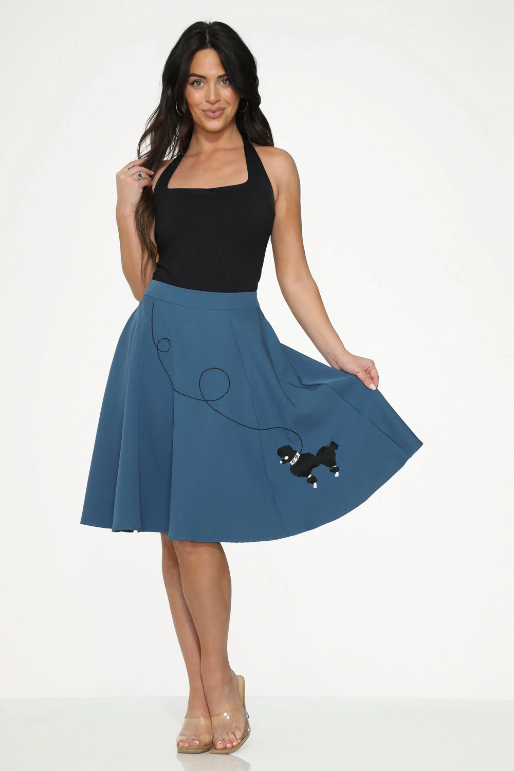 Blue Embroidered Poodle Swing Skirt - Olabens