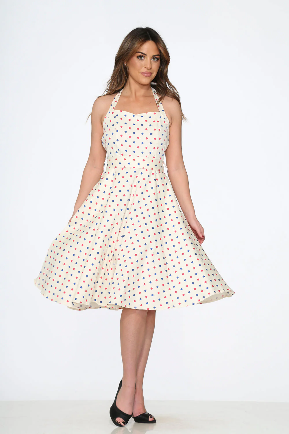 White Candy Dot Halter Swing Dress - Olabens