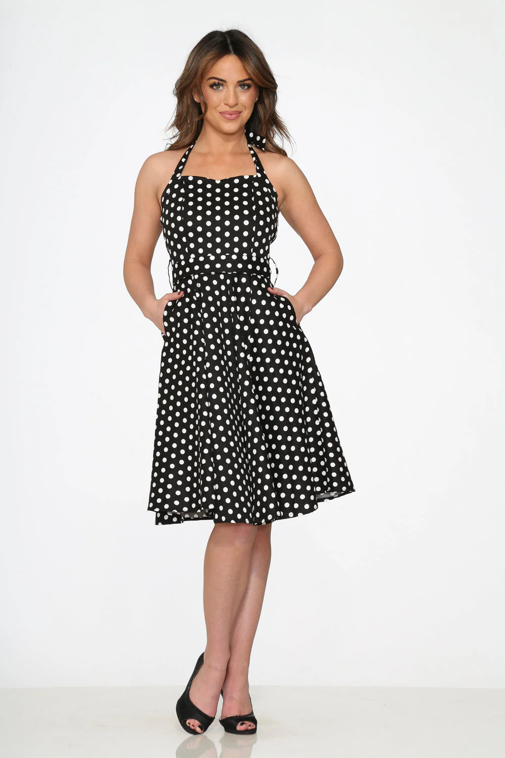 Black & White Polka Dot Halter Swing Dress - Olabens