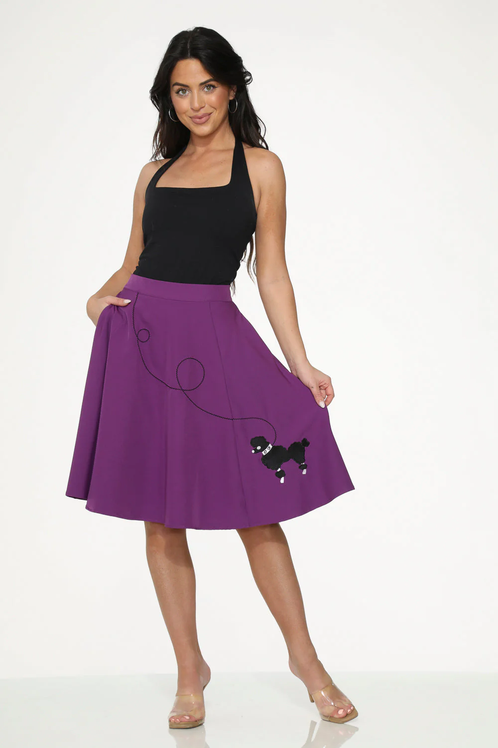 Purple Black Embroidered Poodle Swing Skirt - Olabens