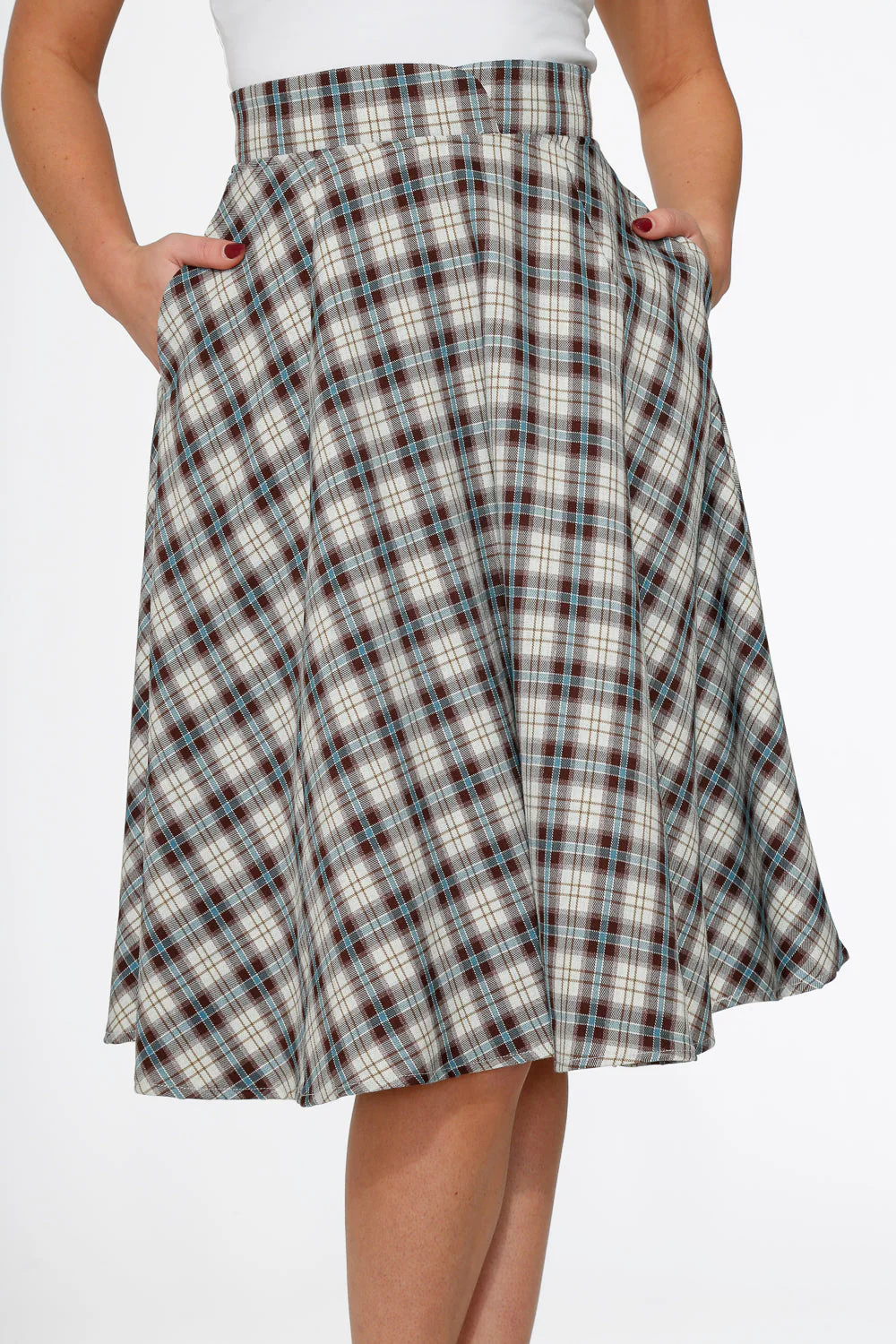 White & Brown Plaid Swing Skirt - Olabens