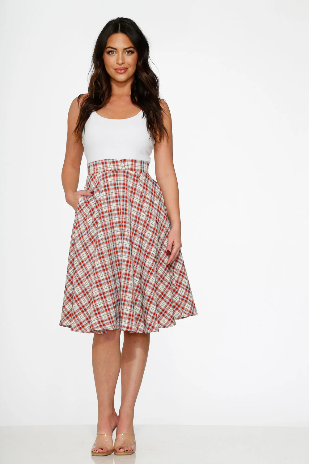 Red Plaid Swing Skirt - Olabens