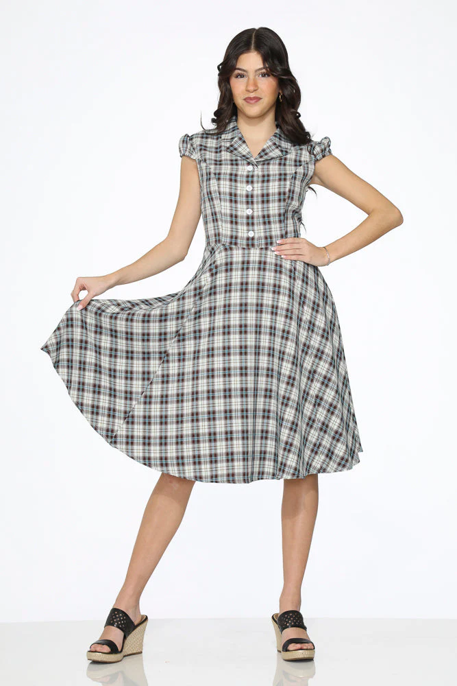 Brown & Blue Plaid Swing Dress - Olabens