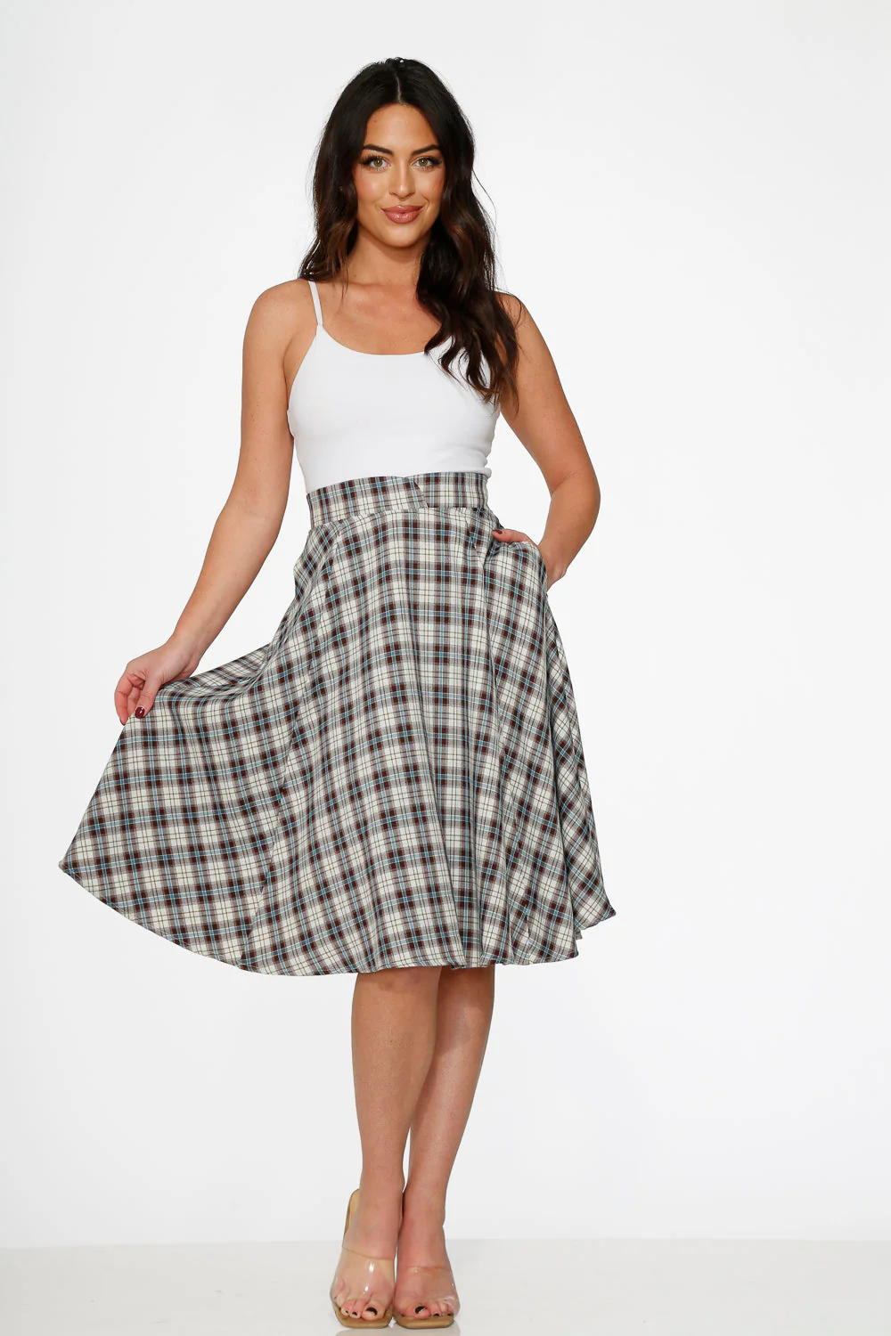 White & Brown Plaid Swing Skirt - Olabens