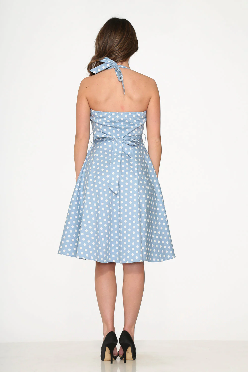 23235 Light Blue White Polka Dot Swing Dress - Olabens