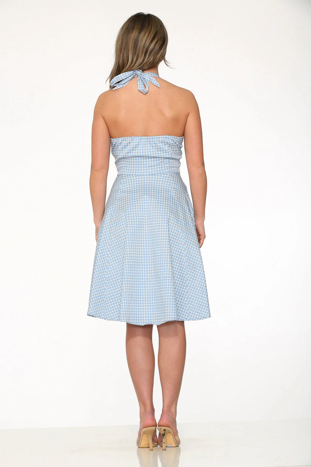 Blue White Checkmate Halter Swing Dress - Olabens