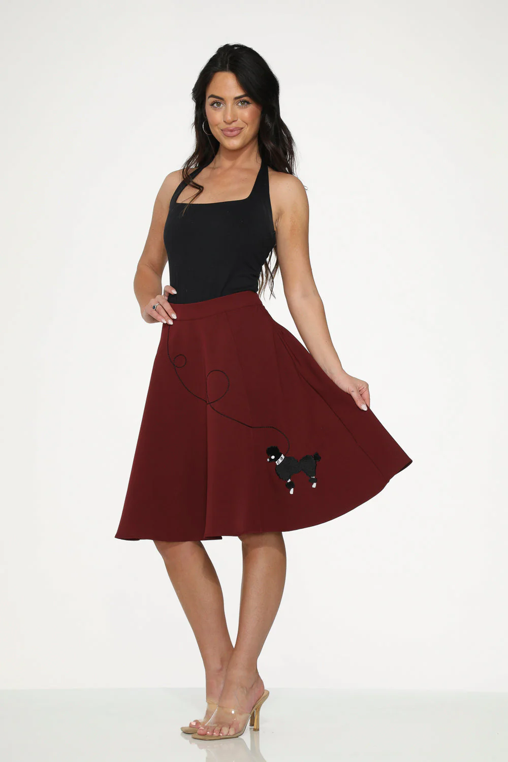 Burgundy Black Embroidered Poodle Swing Skirt - Olabens