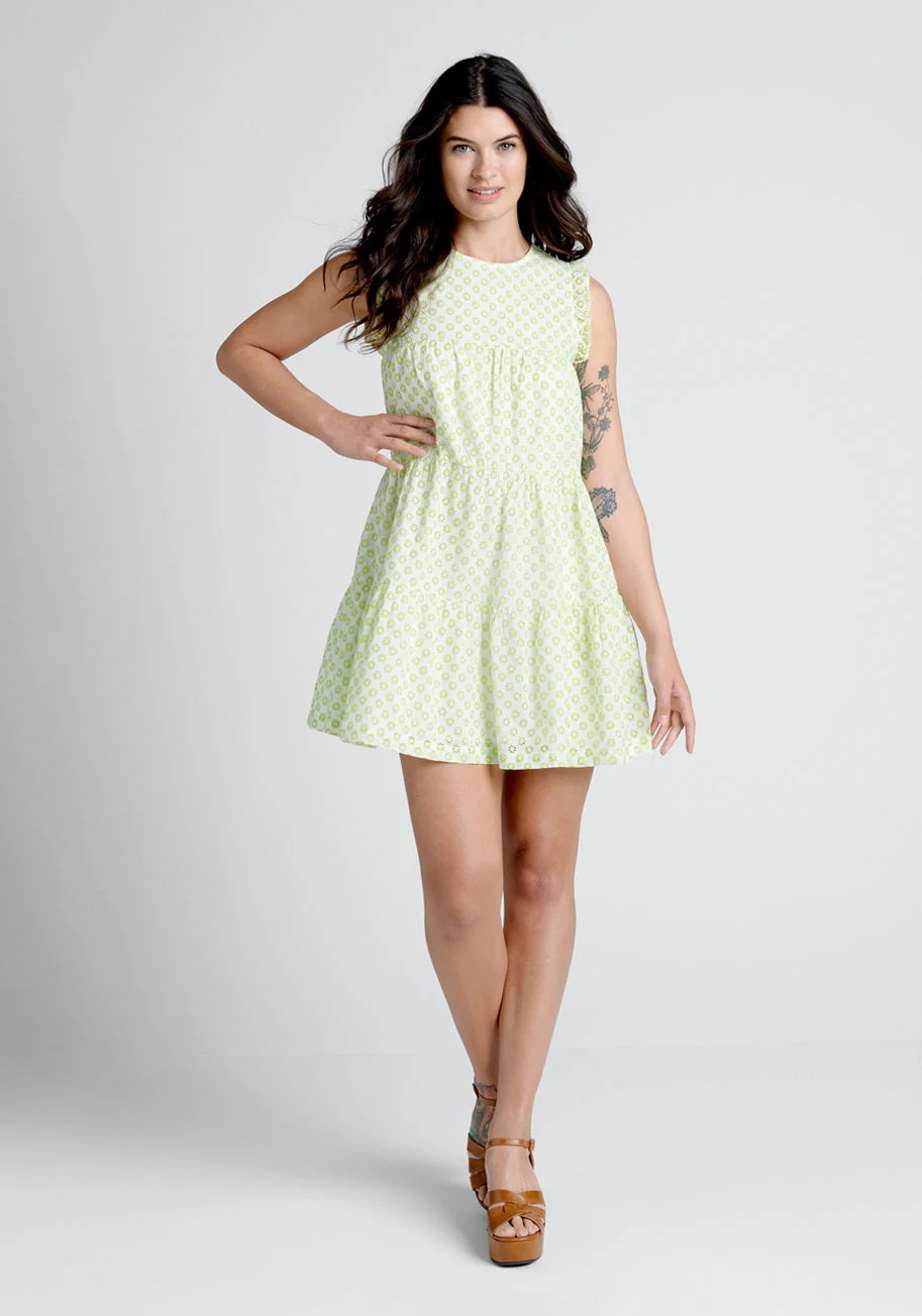 Day Tripping in Eyelet Flower Fields Trapeze Dress - Olabens