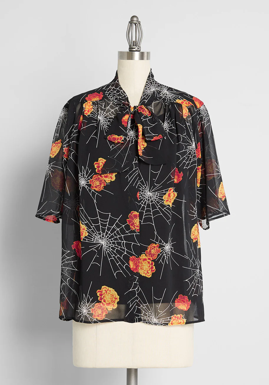 Blooming Webs Tie-Neck Blouse - Olabens