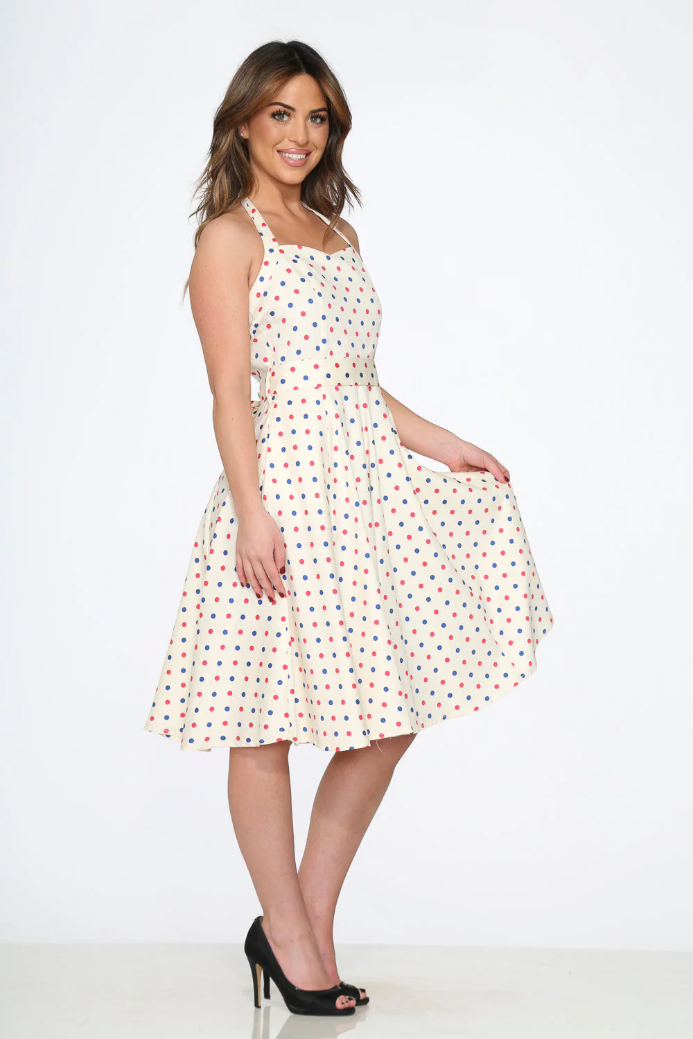 White Candy Dot Halter Swing Dress - Olabens