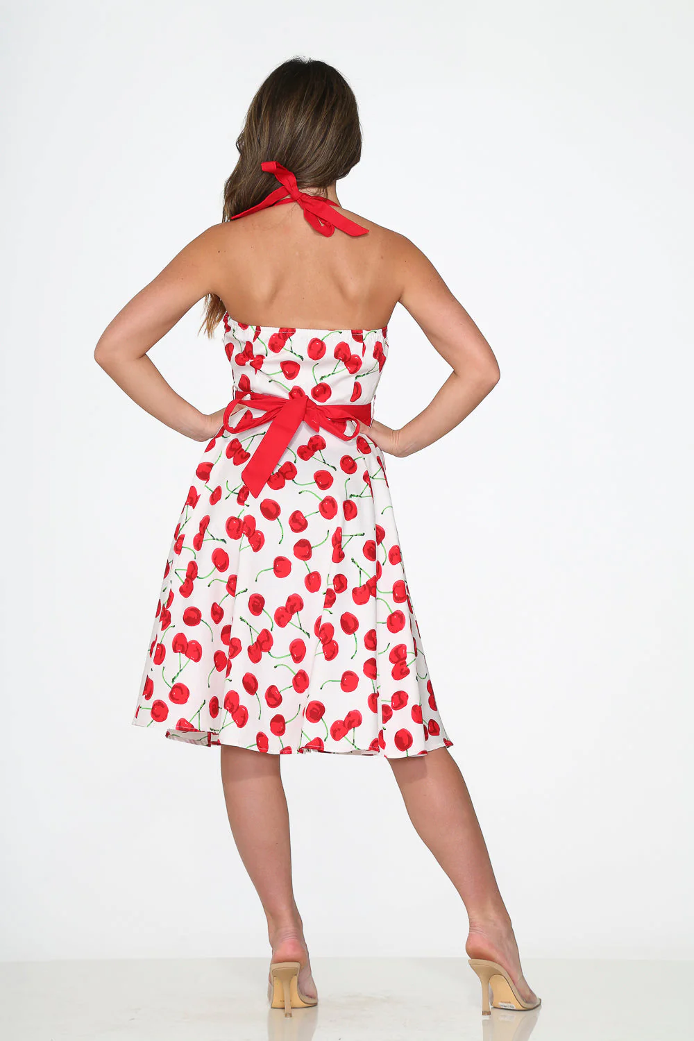 White Red Cherry Halter Swing Dress - Olabens