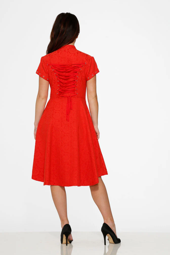 Red Jacquard Battalion Swing Dress - Olabens