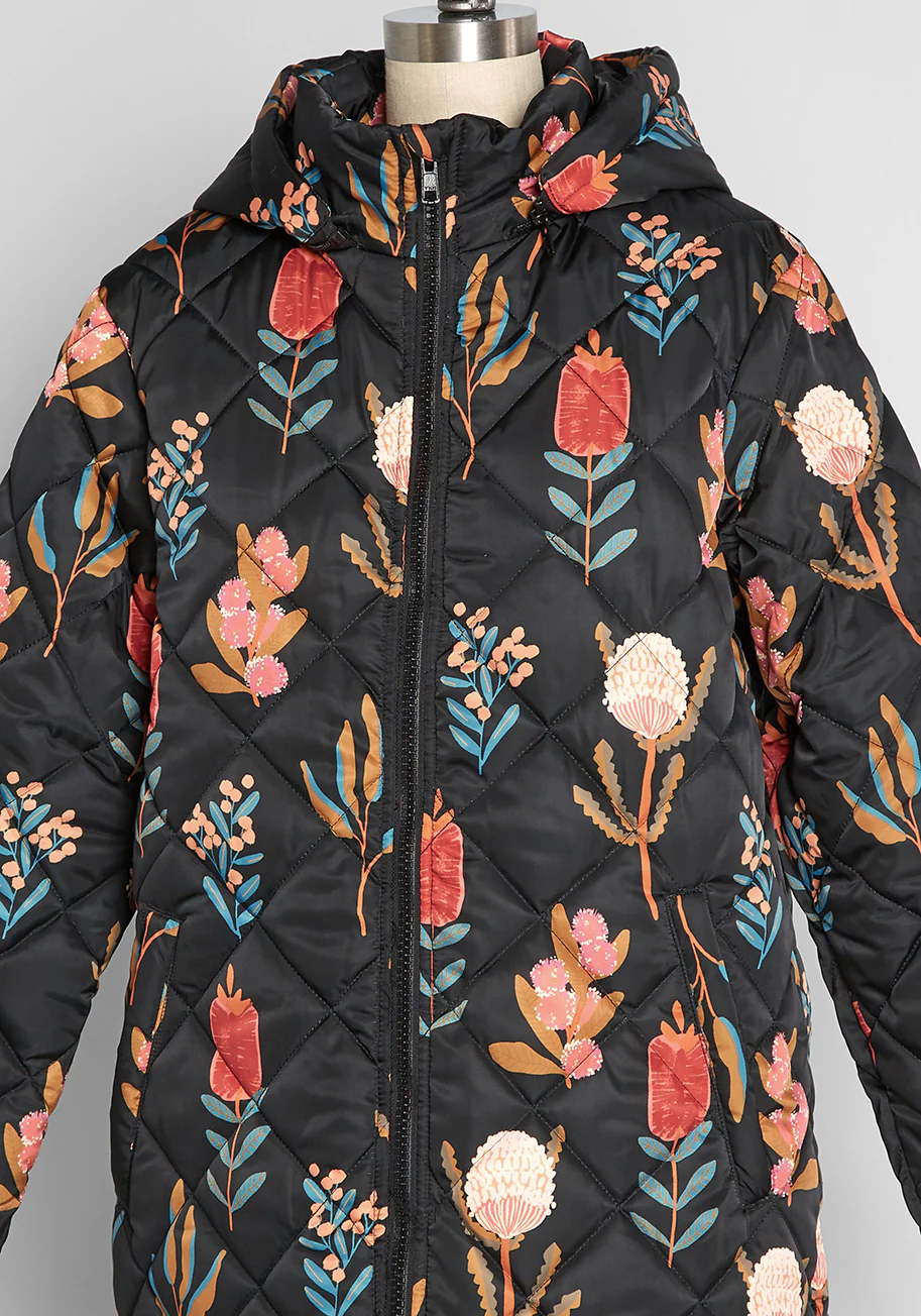 Raining Flora Hooded Puffer Jacket - Olabens