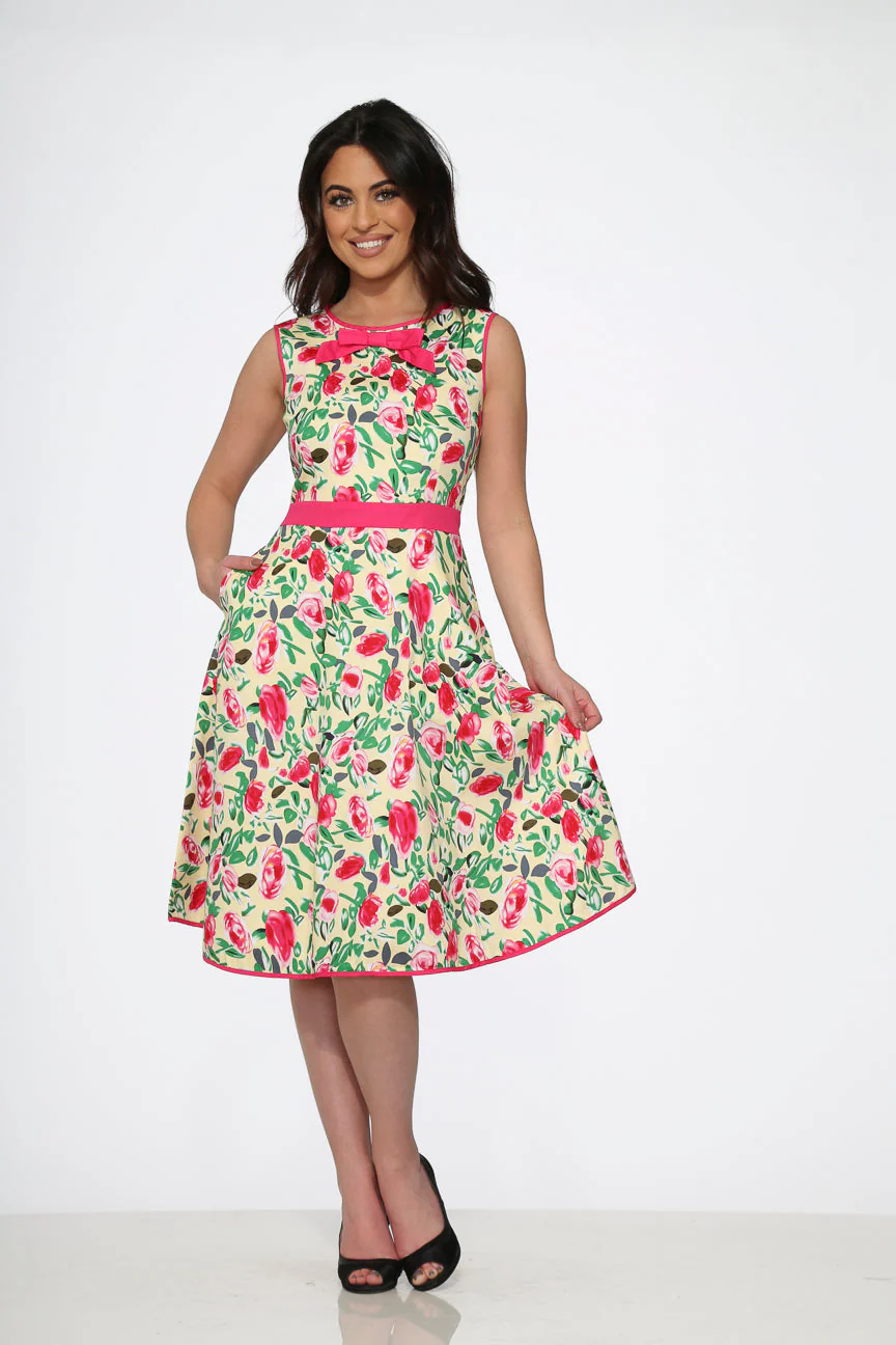 Yellow and Red Rose Swing Dress - Olabens