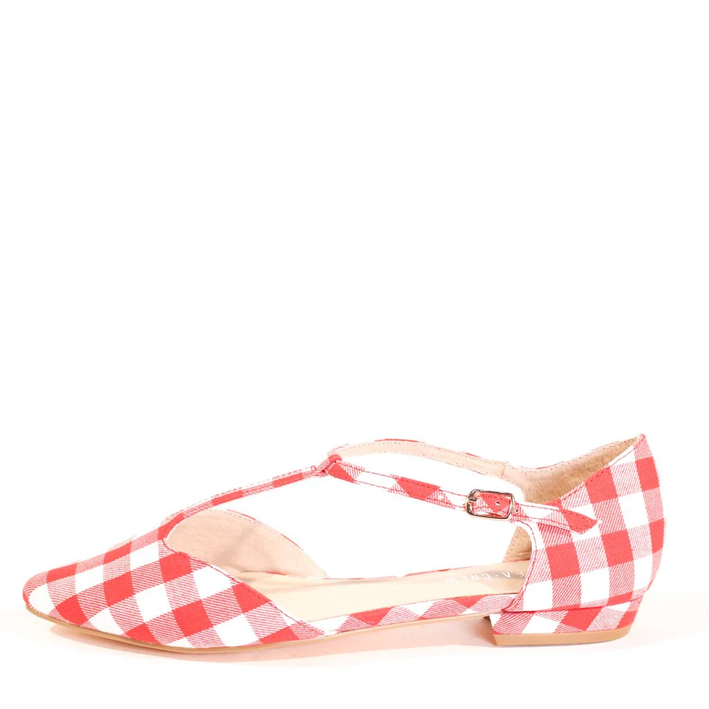 Garden Gingham T-Strap Flats - Olabens