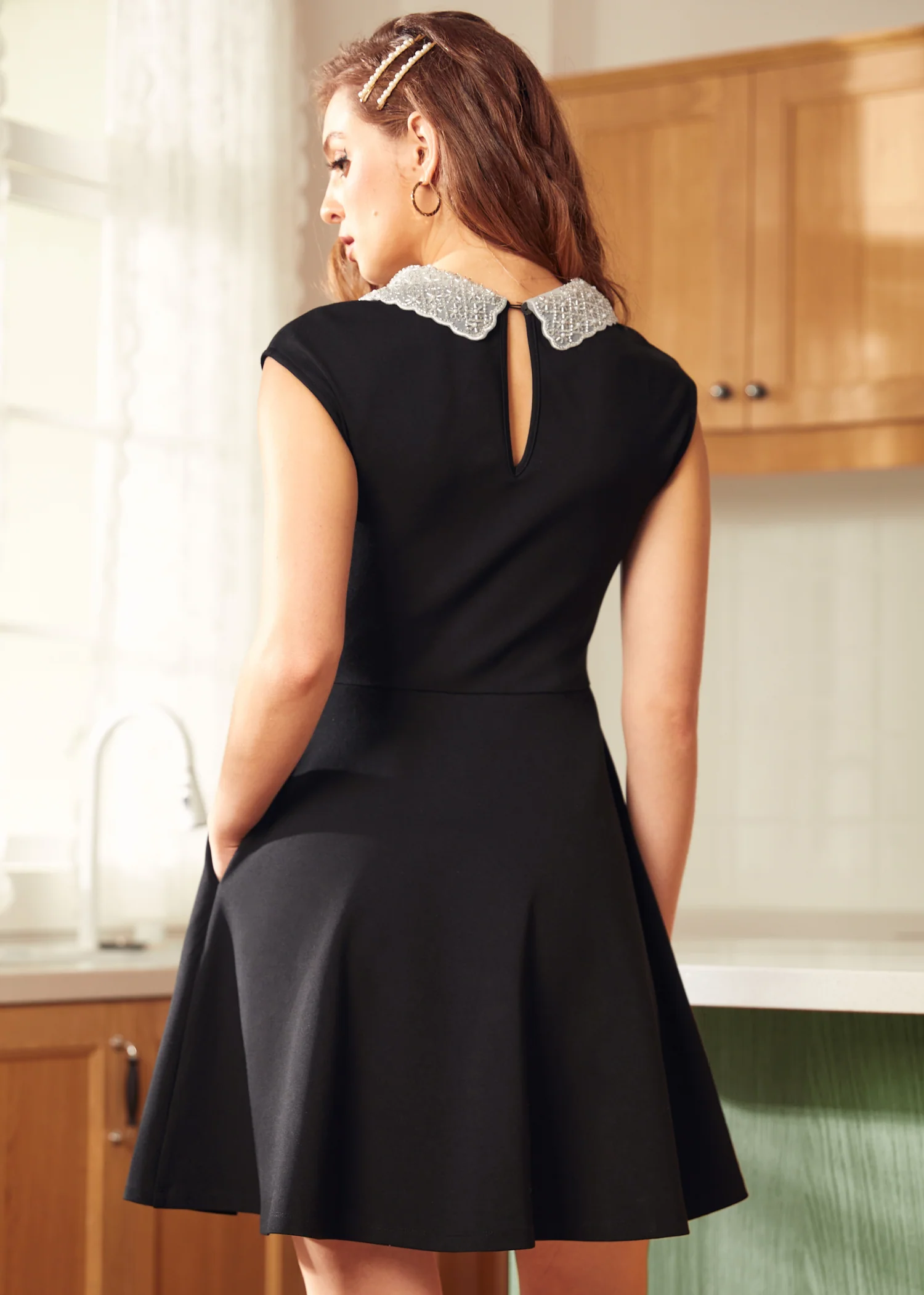 Vinyl Vibes Jeweled Collar Fit & Flare Dress - Olabens