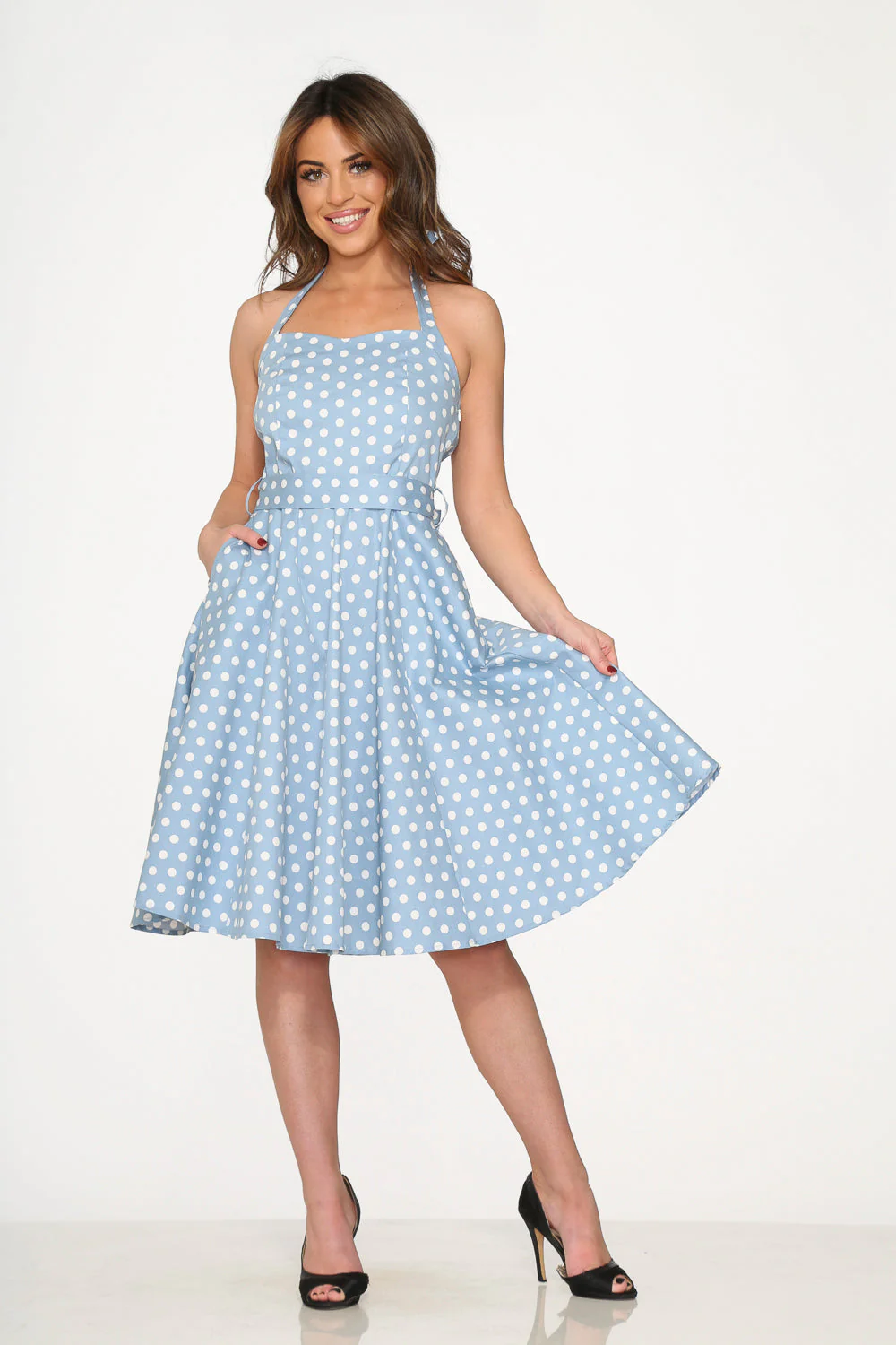 23235 Light Blue White Polka Dot Swing Dress - Olabens