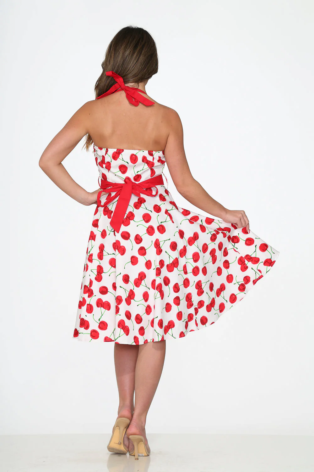 White Red Cherry Halter Swing Dress - Olabens