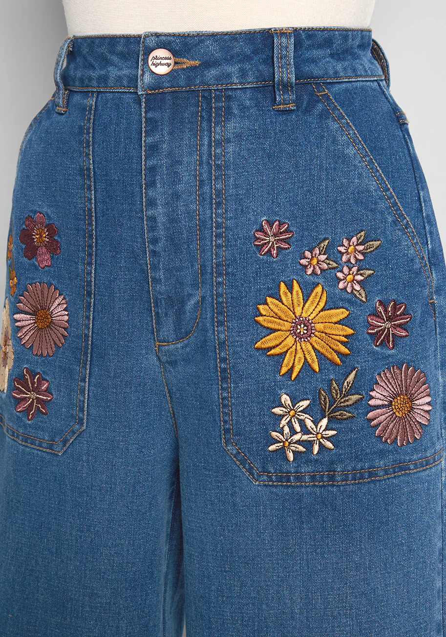 Isnyt x Princess Highway Floral Embroidered Wide-Leg Jeans - Olabens