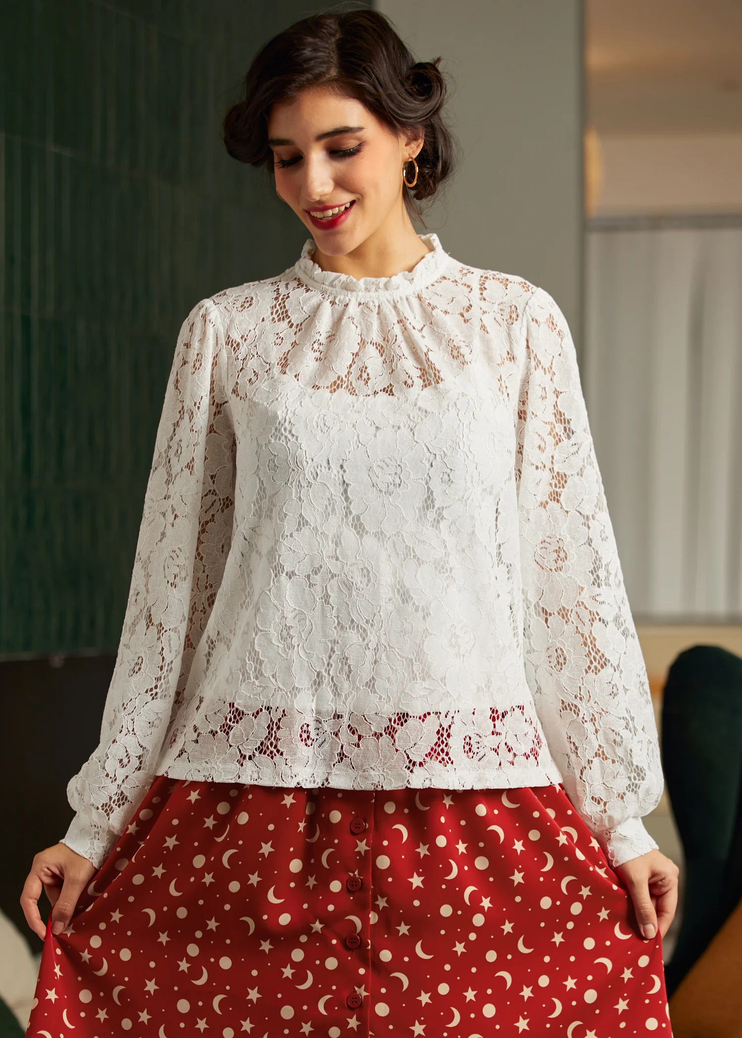 Mad Men Ruffle Mock Neck Blouse - Olabens