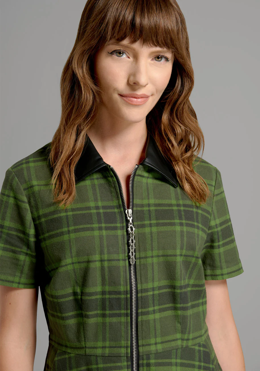 On A Power Zip Plaid Skater Dress - Olabens