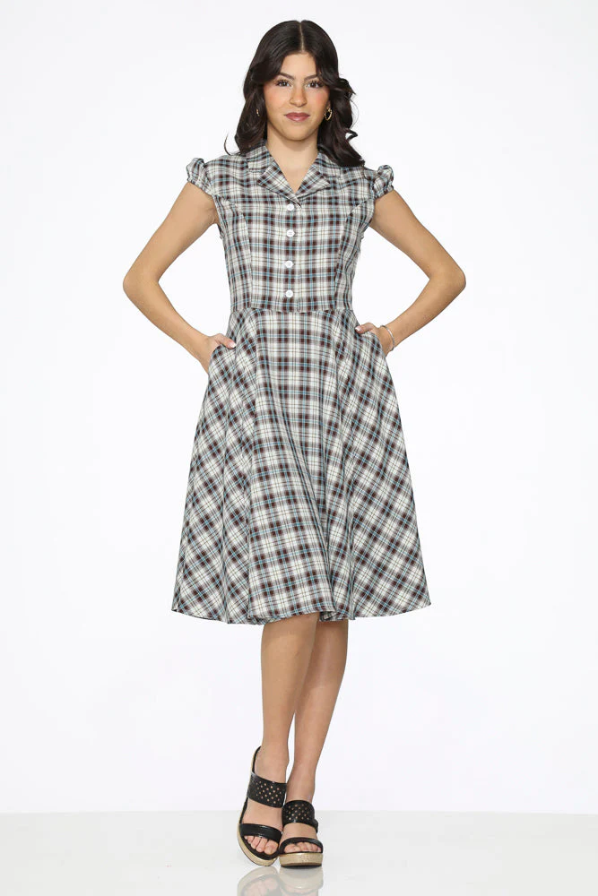Brown & Blue Plaid Swing Dress - Olabens