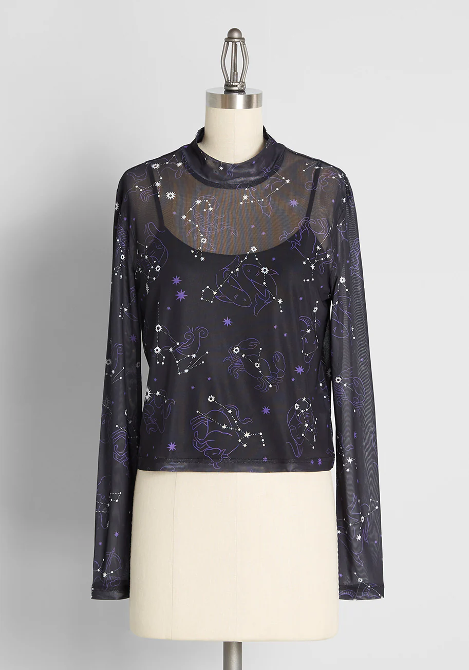 Zest Of The Zodiac Mesh Mock Neck Top - Olabens
