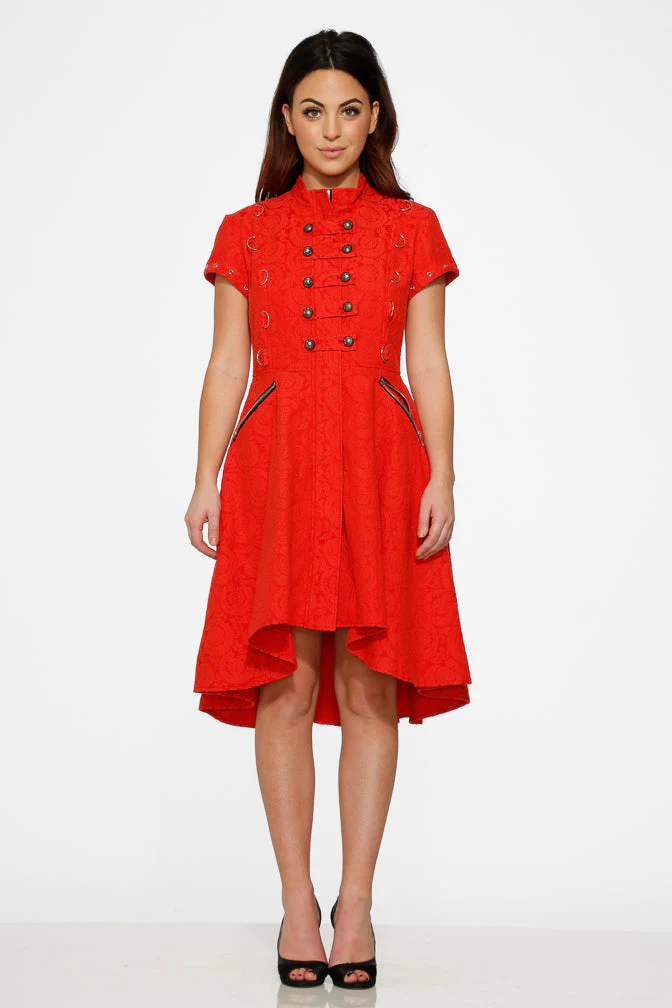 Red Jacquard Battalion Swing Dress - Olabens