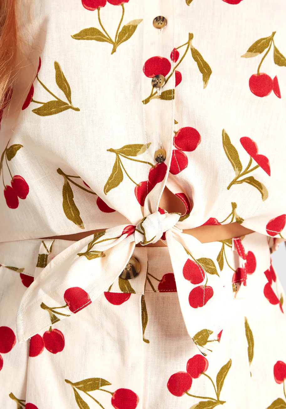 Cheerful Cherries Tie-Front Blouse - Olabens