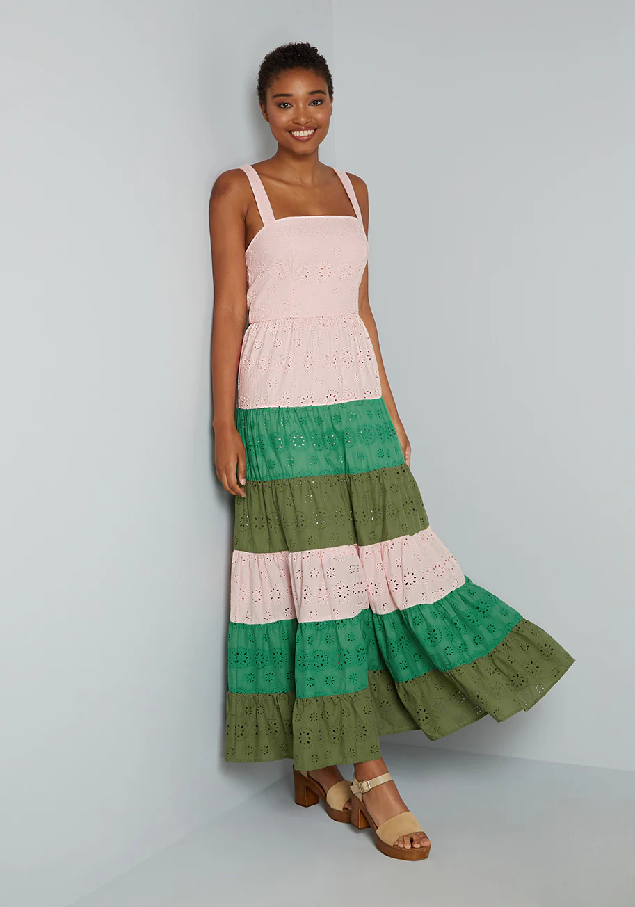 Blocked in Eyelet Tiered Maxi Dress - Olabens