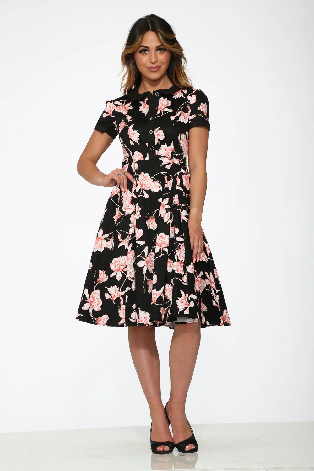Black & Pink Floral Swing Dress - Olabens