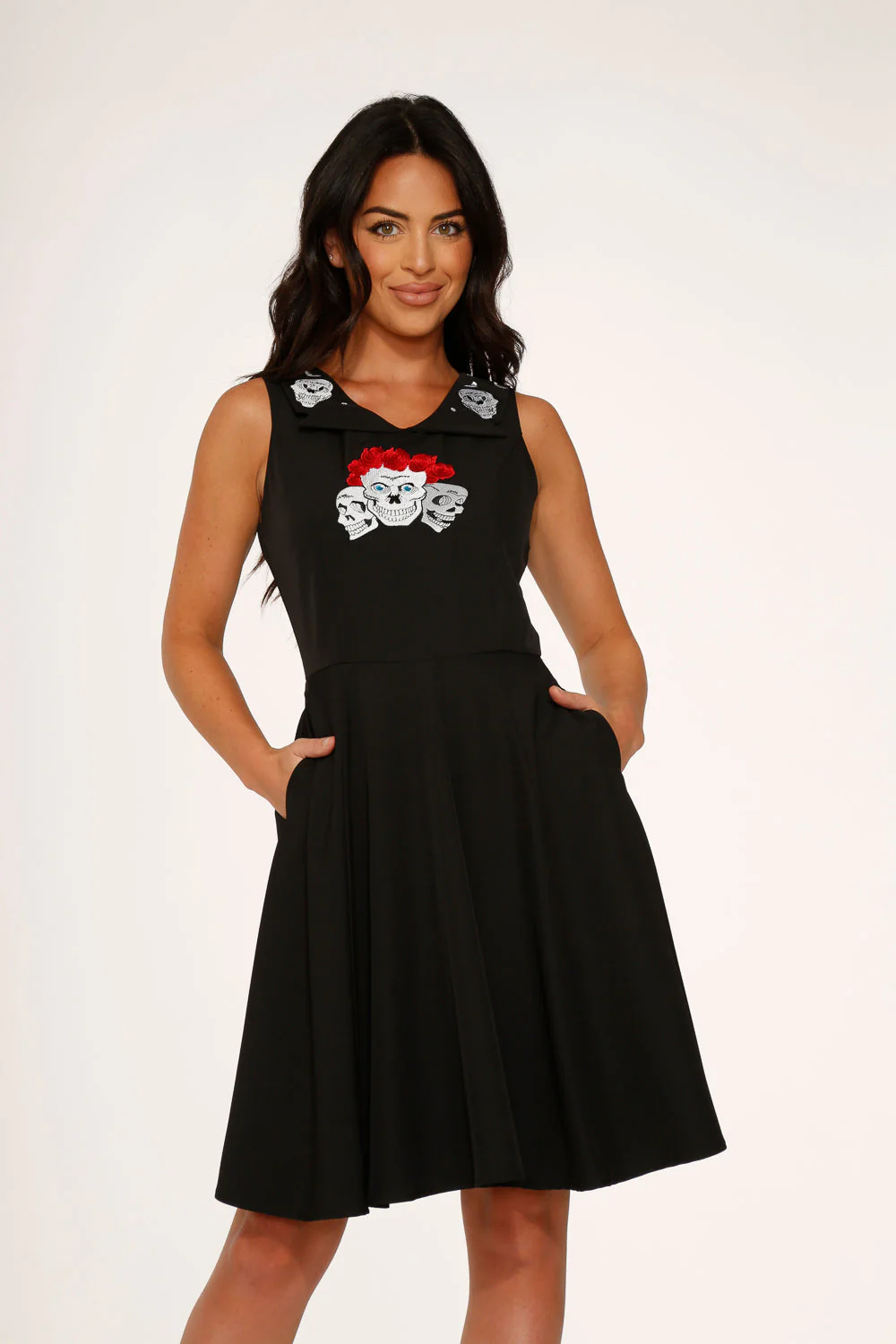 Rose Skulls Embroider Swing Dress - Olabens