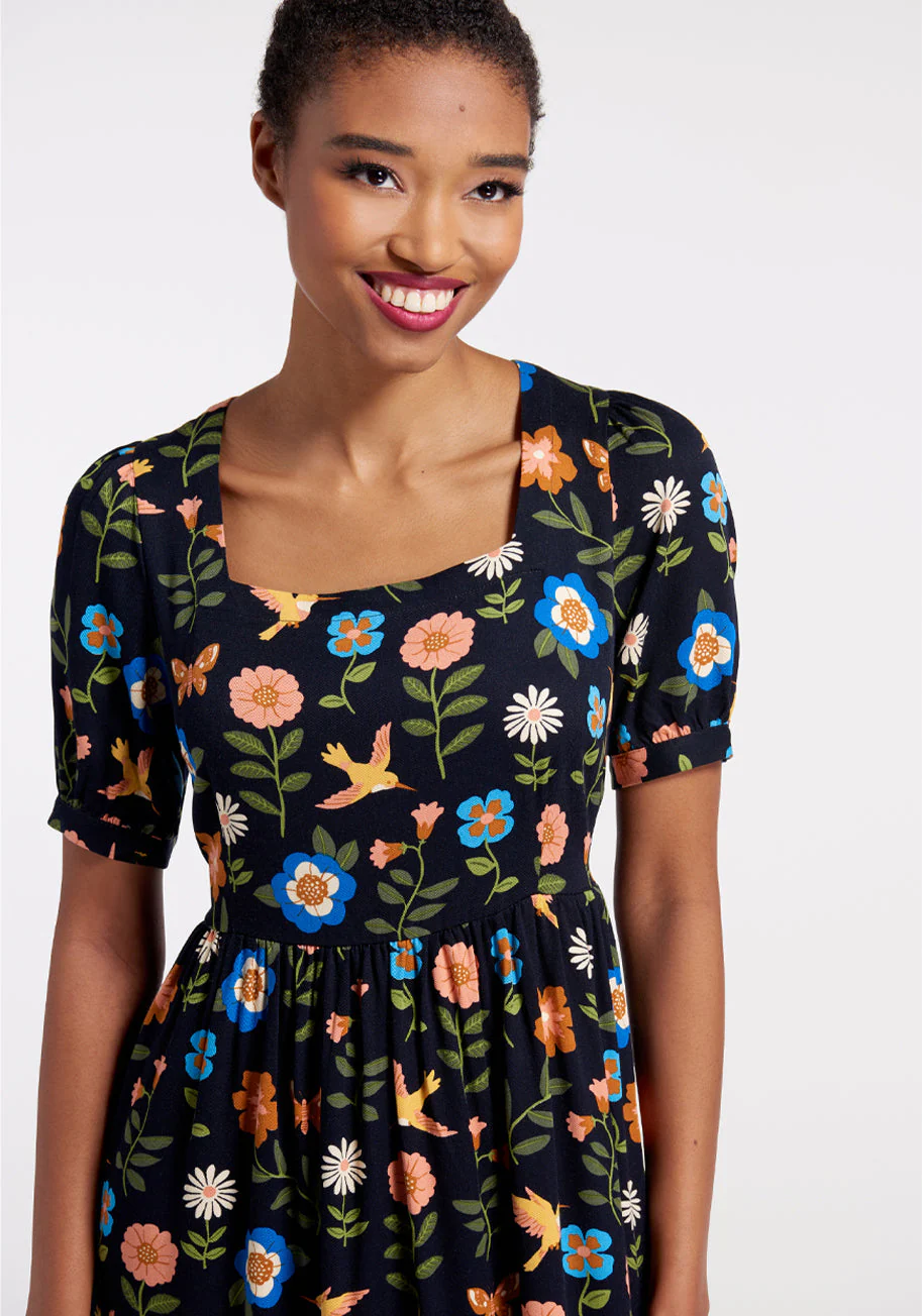 Visited By Hummingbirds Midi Dress - Olabens