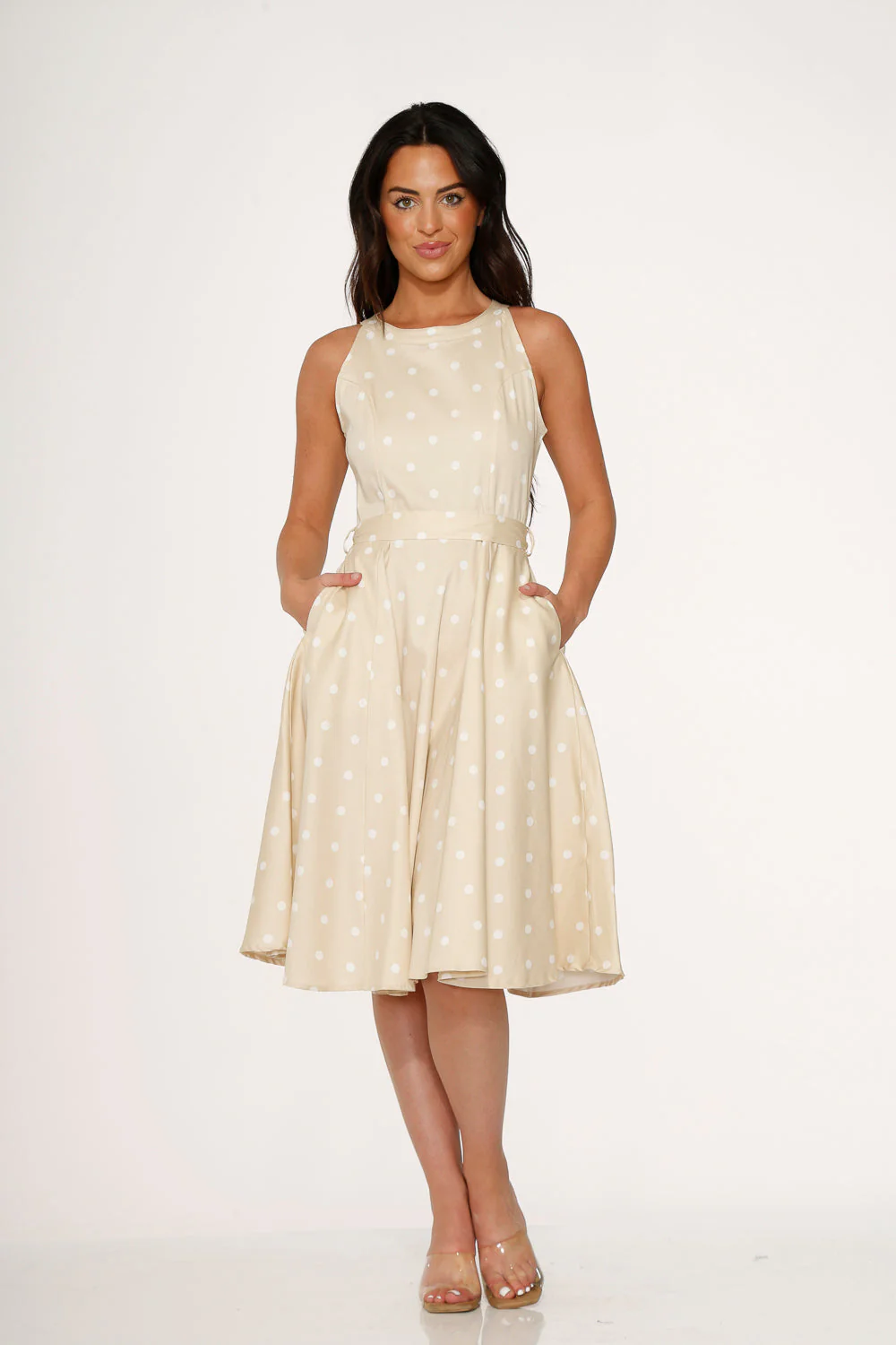 Beige & White Polka Dot Swing Dress - Olabens
