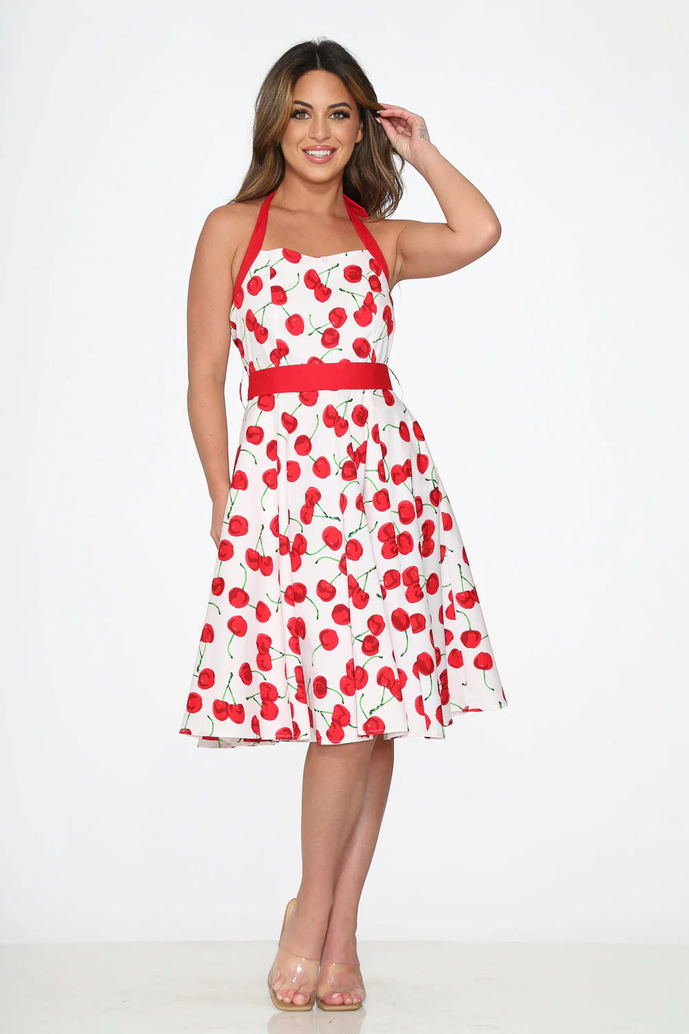 White Red Cherry Halter Swing Dress - Olabens