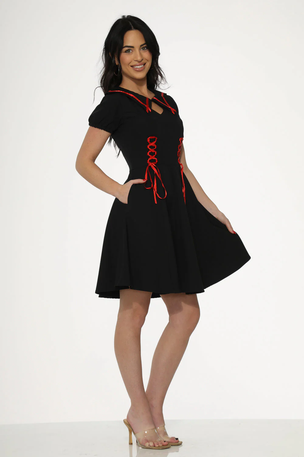 Black & Red Trim Gothic Swing Dress - Olabens