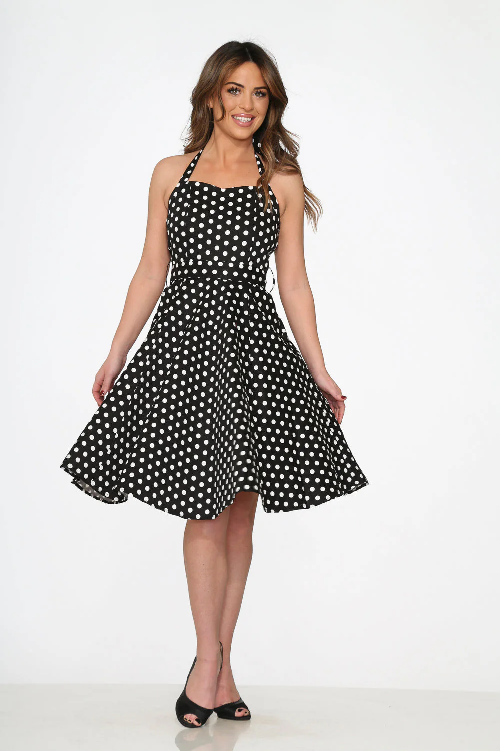 Black & White Polka Dot Halter Swing Dress - Olabens