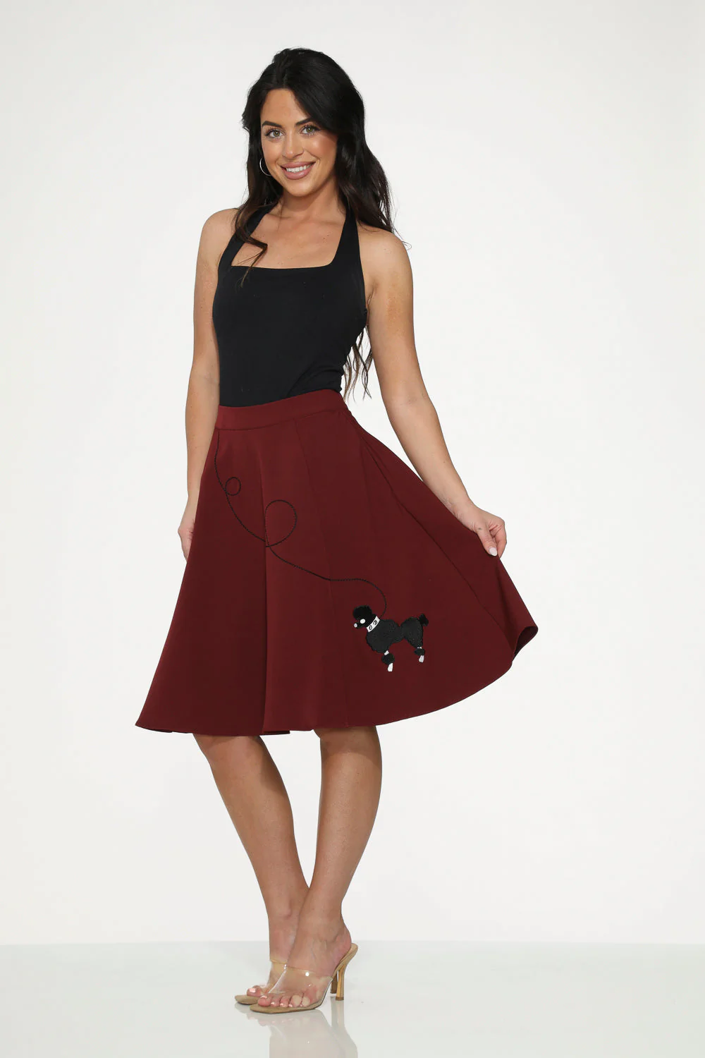 Burgundy Black Embroidered Poodle Swing Skirt - Olabens