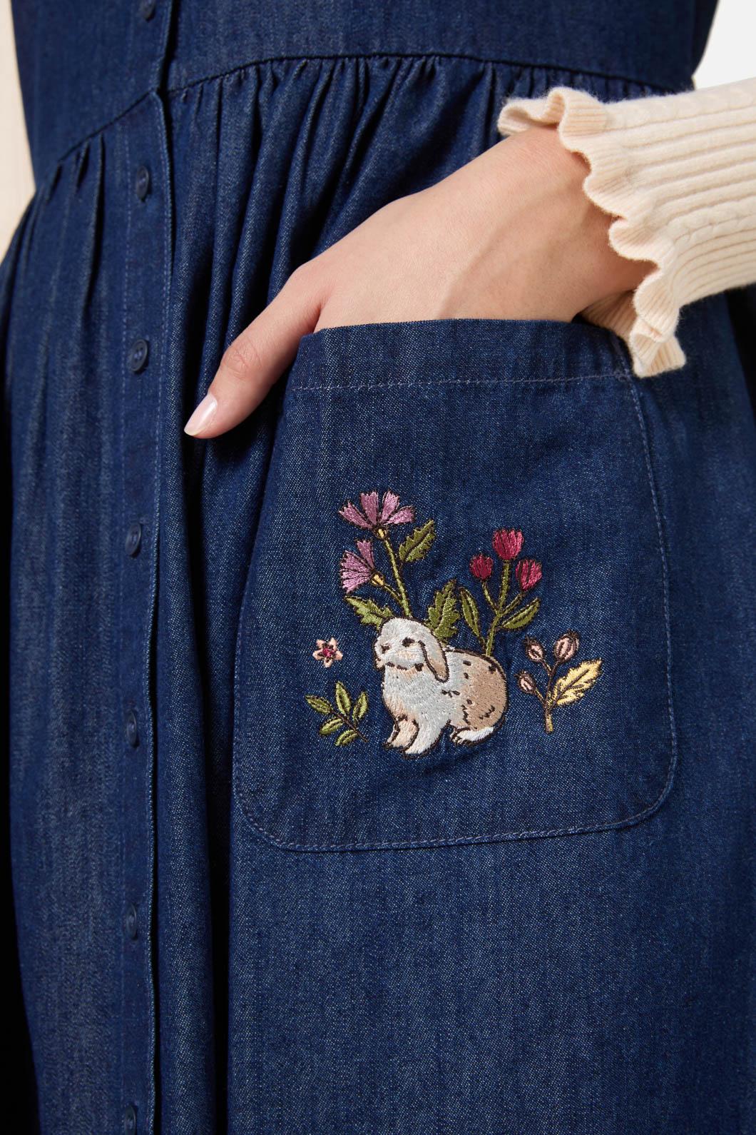 Rabbit Embroidered Denim Dress - Olabens
