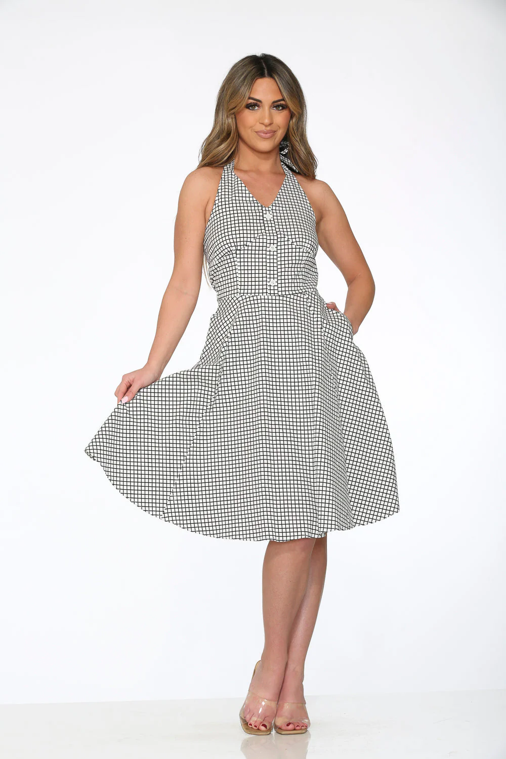 White & Black Checkmate Halter Swing Dress - Olabens