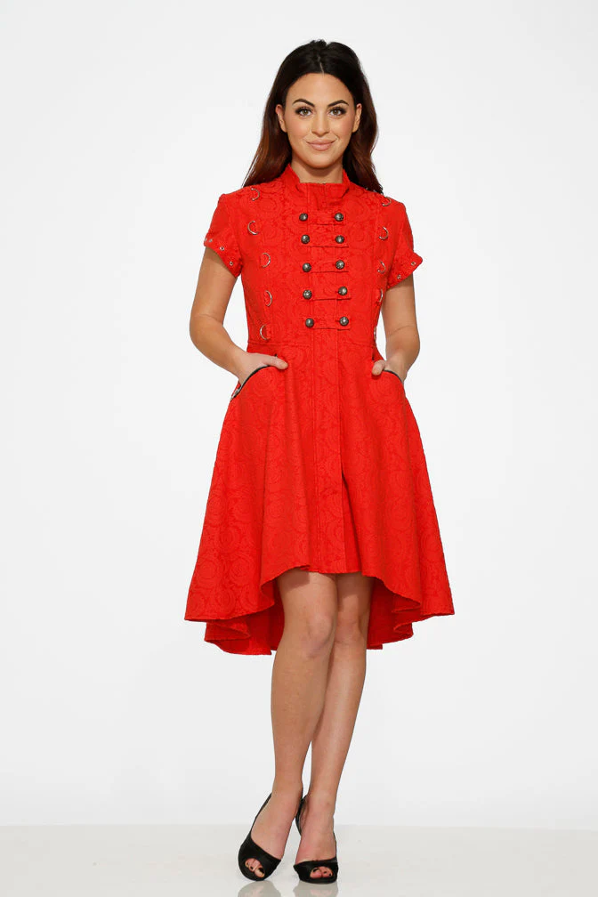 Red Jacquard Battalion Swing Dress - Olabens