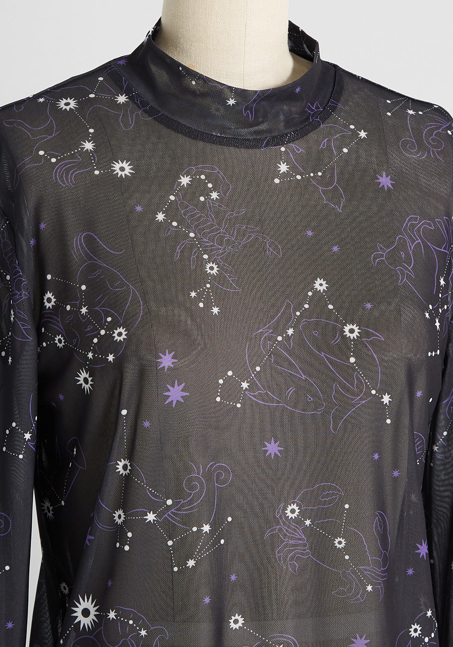 Zest Of The Zodiac Mesh Mock Neck Top - Olabens
