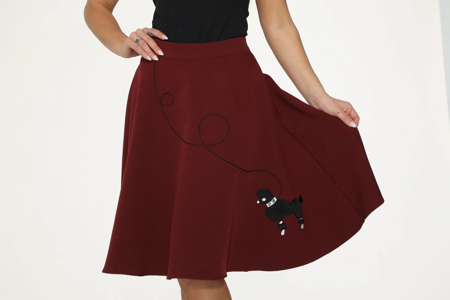 Burgundy Black Embroidered Poodle Swing Skirt - Olabens