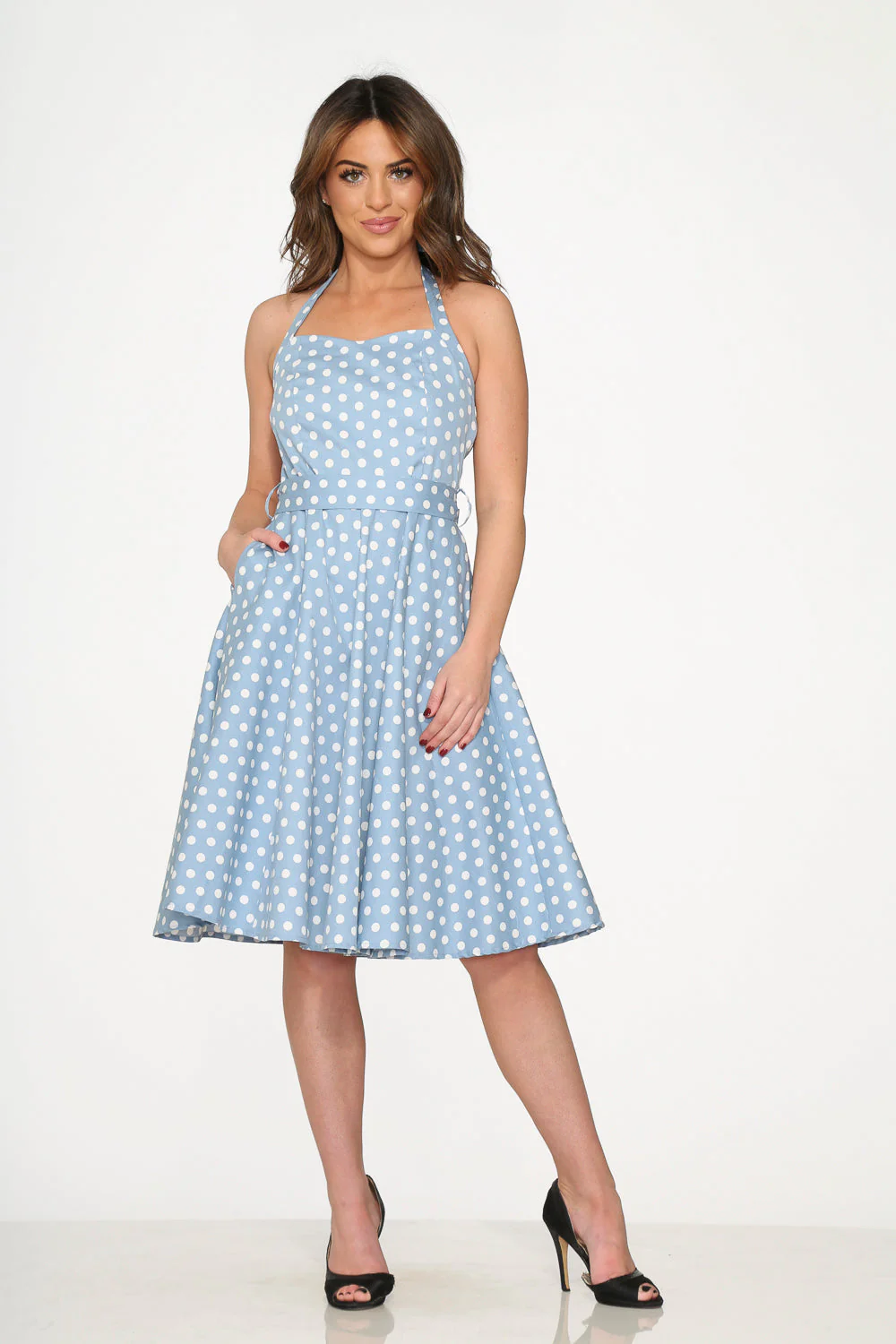 23235 Light Blue White Polka Dot Swing Dress - Olabens