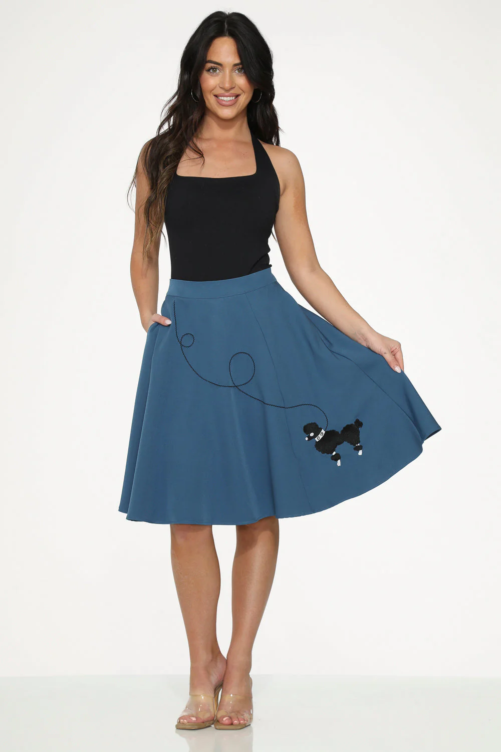 Blue Embroidered Poodle Swing Skirt - Olabens