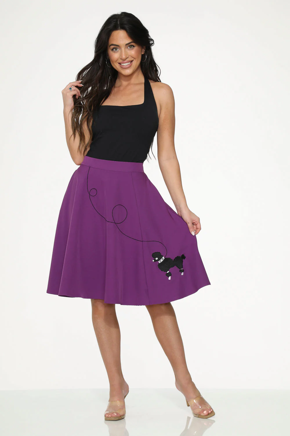 Purple Black Embroidered Poodle Swing Skirt - Olabens